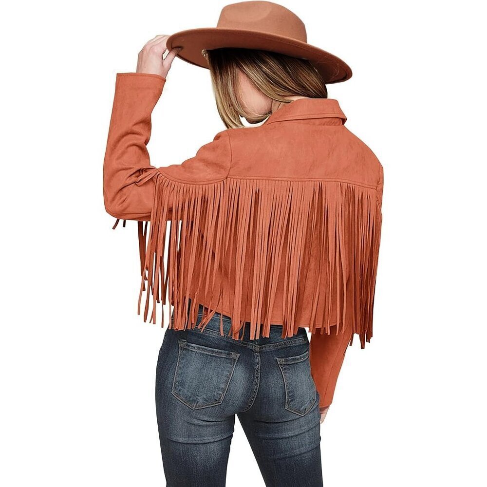 🆕Women's Orange Fringe Faux Suede Leather Jacket Tassel Cropped Fal 2025 Coat